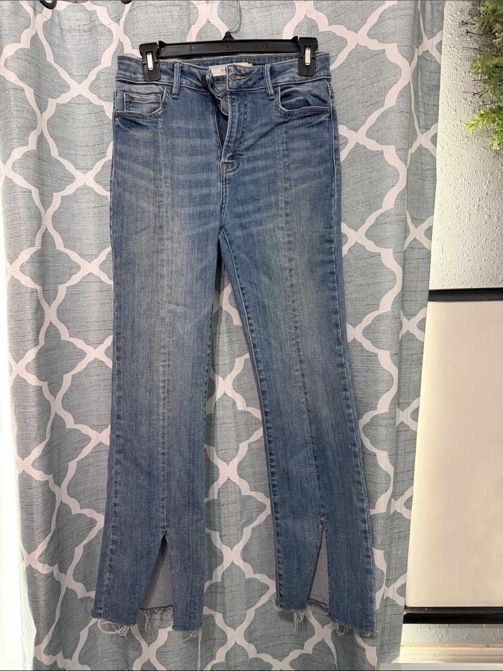 Mid-Blue Split-Hem Wide-Leg Jeans